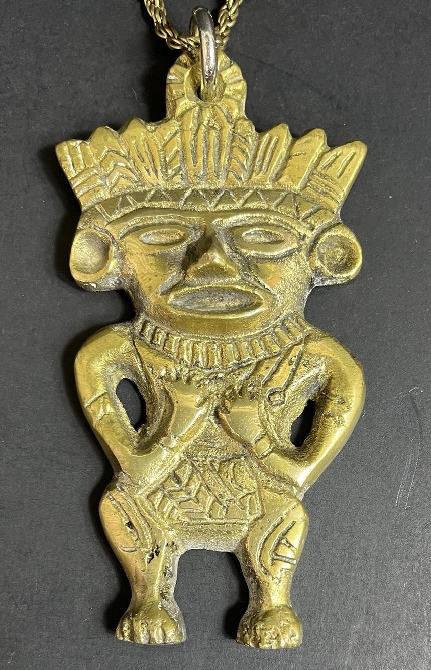 Vintage Brass Pre-Columbian Warrior Pendant Necklace Large 5" Figural Tribal